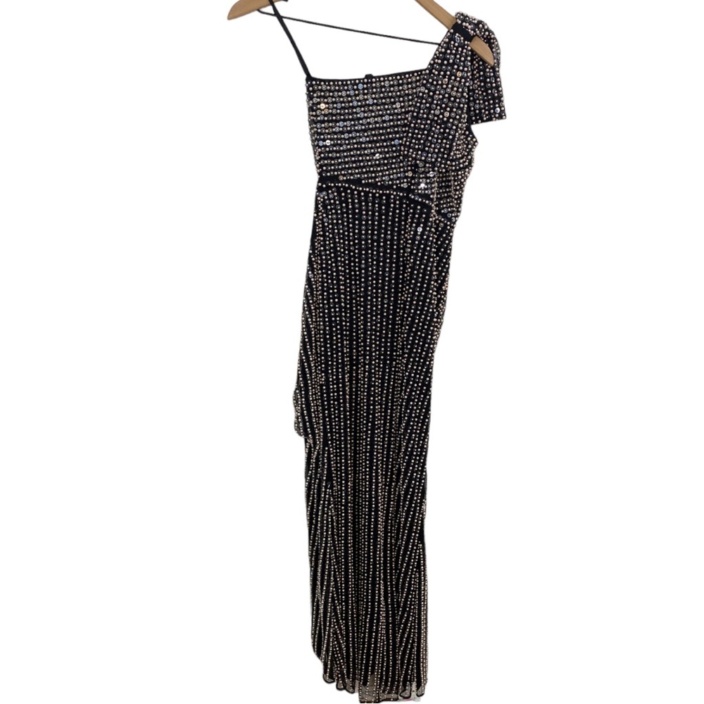 NWT Mac Duggal Black Pearl Sequin One Shoulder Bow High Slit Maxi Dress Size 2 - Picture 3 of 11